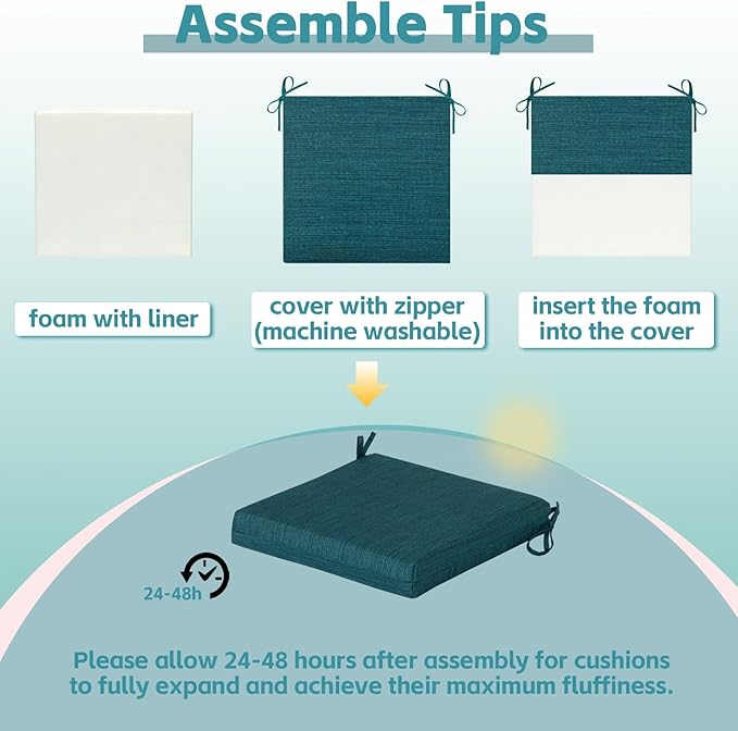 COZYVIDA Outdoor Chair Cushions Set of 4, 20"x20" Square Seat Pads with Tie Straps and YKK Zippers, 30D High-Density Foam, Water-Resistant Fabric,UV-Resistant 1000+ Hrs,Malachite
