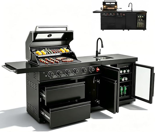84" Modular Outdoor Kitchen Island, 75,300 BTU 6-Burner 304 Stainless Steel Gas Grill, Prefab BBQ Island Station with Side Burner, Rotisserie Kit, 70L Fridge & Sink, Propane to Natural Gas Ready