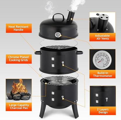 21" Portable Charcoal Grill Barbecue Grills with Thermometer, Layer Iron Round BBQ Grill for Garden Party Picnic Hiking Travel Backyard Cooking, Easy to Assemble, Asadores de Carbon (Black)