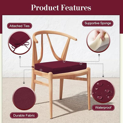 Cozyide Outdoor Chair Cushions, Waterproof Patio Seat Cushions with Adjustable Straps, Square Corner Patio Chair Cushions for Garden, Burgundy, 18.5x16x3 Inch (Pack of 4)
