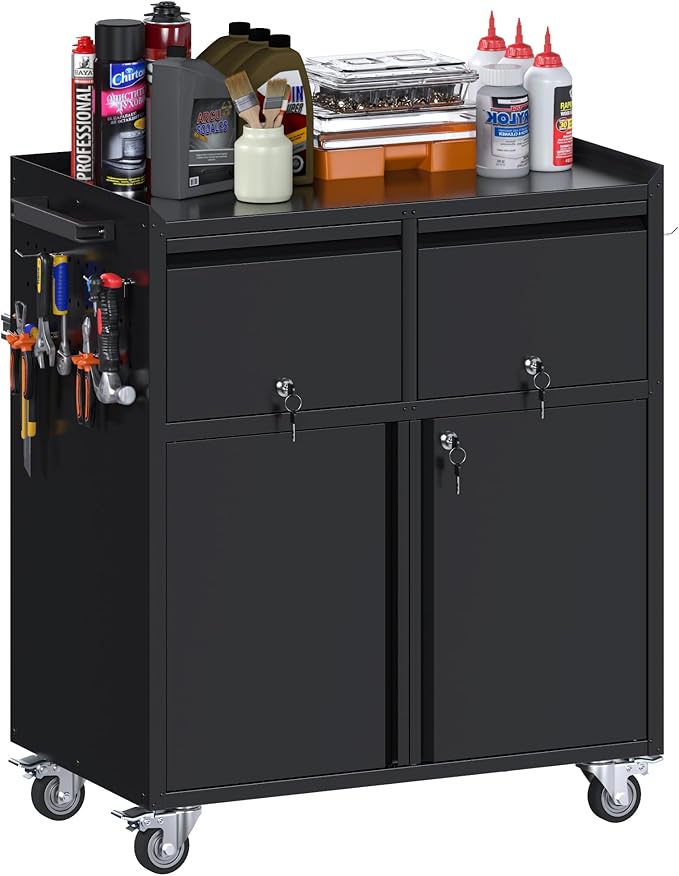 Aobabo Rolling Metal Storage Cabinet with Wheels, Heavy Duty Steel Garage Tool Cabinet with 2 Drawers, Pegboard & 4 Hooks, Lockable Mobile Organizer with Adjustable Shelves, Black, Assembly Required