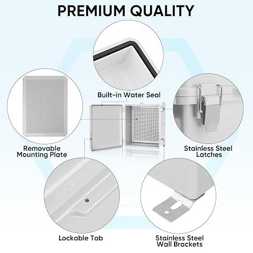 TICONN Outdoor Electrical Box Waterproof, Junction Box IP67 ABS Plastic Enclosure with Hinged Cover with Mounting Plate, Wall Brackets, Cable Glands (Off-White, 17.7"x13.8"x7.9")