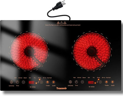 2 Burner Electric Cooktop, Two Burner Electric Stove 24 Inch, 2000W Countertop & Built-in Ceramic Cooktop for Camping, Outdoor, Child Lock, Timer, 8 Power Levels, 110V-120V Plug in, Orange