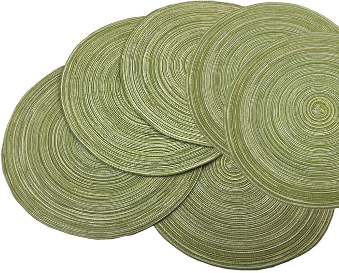 Red-A，Placemats,Round Placemats for Dining Table Set of 6 Woven Heat Resistant Non-Slip Kitchen Table Mats Diameter 14 inch(Green)