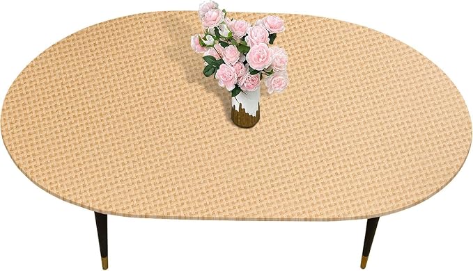 LIBERECOO Oval Fitted Tablecloth with Elastic, Waterproof Vinyl Tablecloth with Flannel Backing, Plain Weaves Pattern Wipeable & Reusable Plastic Table Cloth for Kitchen and Dining Room, 48" x 68"