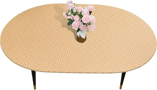 LIBERECOO Oval Fitted Tablecloth with Elastic, Waterproof Vinyl Tablecloth with Flannel Backing, Plain Weaves Pattern Wipeable & Reusable Plastic Table Cloth for Kitchen and Dining Room, 48" x 68"