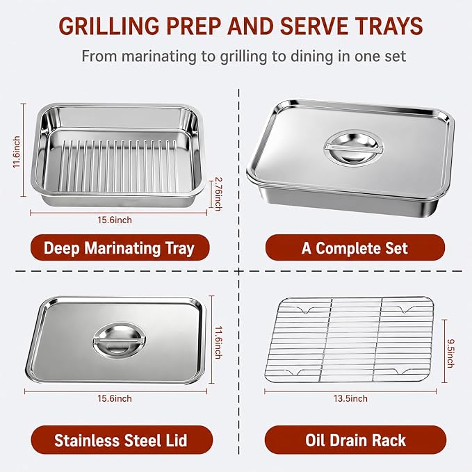 Grill Prep Tray with Lid 3-Piece Grill Carry System | Stainless Steel Marinating Container for BBQ Meat Prep, Food Storage & Transport Tray with Rack for Raw Food Handling