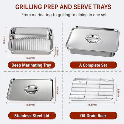 Grill Prep Tray with Lid 3-Piece Grill Carry System | Stainless Steel Marinating Container for BBQ Meat Prep, Food Storage & Transport Tray with Rack for Raw Food Handling