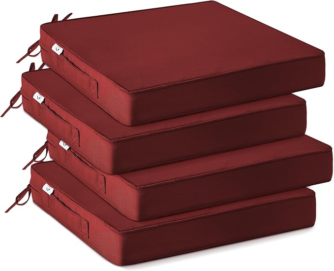 IPYNBAP Outdoor Chair Cushions Set of 4 -Waterproof Outdoor Seat Cushions for Patio Furniture, Patio Chair Cushion with Handle and Ties, Out Door Chair Pads,18.5x16x3-Square, Burgundy