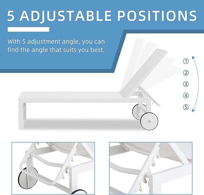 Shintenchi 2 PCS Outdoor Chaise Lounges Chair with Wheels Aluminum Reclining Patio Lounge Chairs with 5 Adjustable Position Recliner for Patio, Beach, Yard, Pool Furniture Set,White