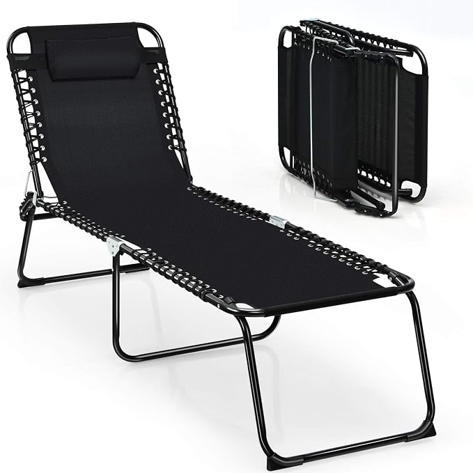 Giantex Chaise Lounge Chair Outdoor - Patio Lounge Chair w/Pillow, 4-Level Adjustable Backrest, 2-Level Footrest, Heightened 16” Pool Lounger for Beach, Lawn, Tanning Chairs for Outside (1, Black)