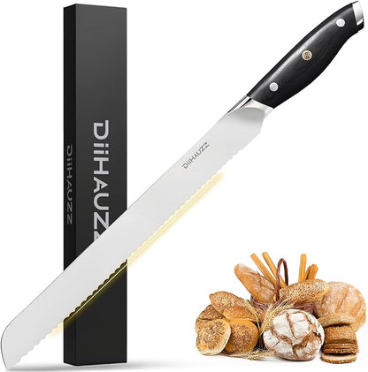 DiiHAUZZ Bread Knife, 10 Inch Serrated Knife for Slicing Homemade Bread, Razor Sharp High Carbon Steel, Professional Bakery Kitchen Knives with Full Tang Ergonomic Handle for Sourdough, Bagel, Cake