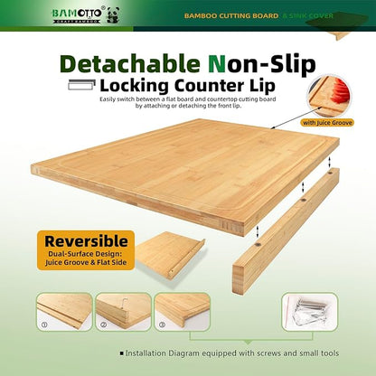 BAMOTTO CRAFTBAMBOO 21.7x18.9 Inch Oversized Bamboo Cutting Board and Sink Cover, Reversible Juice Groove & Flat Side, Non-Slip Detachable Lip, Kitchen Noodle Board Stovetop Cover
