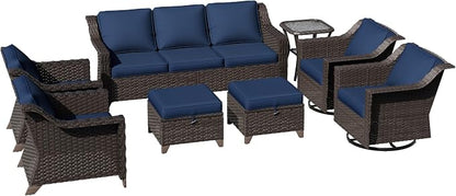 8 Pieces Patio Conversation Furniture Set - 1 Sofa, 2 Ottomans, 2 Armchairs, 2 Swivel Chairs, 1 Side Table, Outdoor Wicker Furniture with Removable Cushions for Porch, Sunroom (Blue)