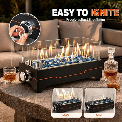 GRISUN Tabletop Fire Pit,15 Inch Propane Fire Pit Table,30000 BTU Table Top Firepit with Glass Wind Guard,Stainless Steel Burner,Fire Glass,Portable Propane fire Pit for Patio, Camping, Backyard & RV