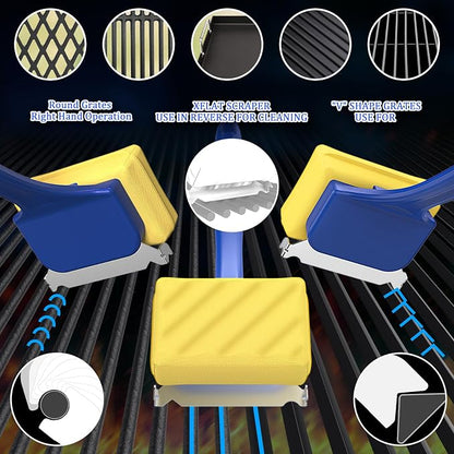 Blue Grill Brush Bristle Free, Replaceable BBQ Cleaning Head Accessories Cleaner, Yellow Wavy Pad Perfect for Stainless Steel, Porcelain, Cast Iron Grates Round Rectangle Grates