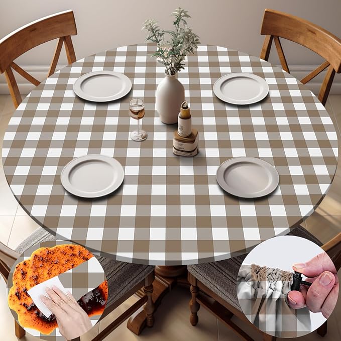 opstellen Fitted Round Tablecloths Reusable Stain Resistant Table Clothes Vinyl Indoor Outdoor Circular Cover for 36-44" Table Dorm kitchen Storage Gifts Summer Autumn Camper Patio Picnic Accessories