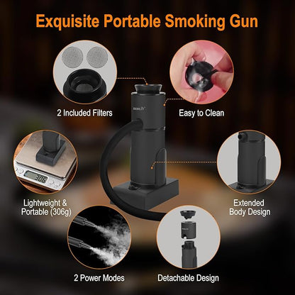 BORUIT Smoking Gun Cocktail & Food Smoker Kit, 2-Speed Portable Cold Smoke Infuser for Cocktails, Whiskey, Meat, BBQ, Cheese – Includes Wood Chips & Accessories, Ideal Gift for Foodies – Black