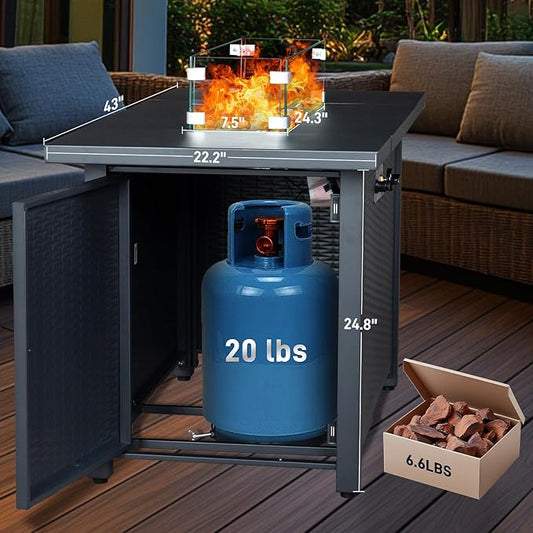 Outvita Fire Pit Table, 43" 50,000 BTU Rectangle Metal Propane Fire Table with Lid, Lava Rocks, Waterproof Dust Cover and Glass Wind Guard for Garden Backyard Deck Patio