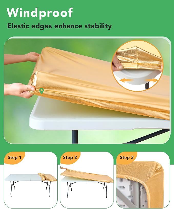 Fitted Tablecloth Rectangle Table Cloths with Elastic, 6 ft, Gold, 6 Pack | For Outdoor Picnic Camping Party 6 foot Folding Spandex Table Covers, Water-Resistant, Windproof, Reusable, 72"L x 30"W