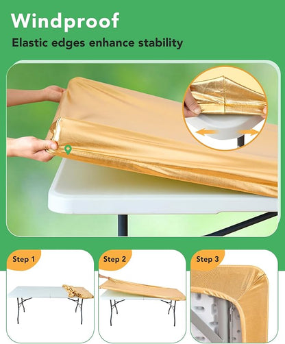 Fitted Tablecloth Rectangle Table Cloths with Elastic, 6 ft, Gold, 6 Pack | For Outdoor Picnic Camping Party 6 foot Folding Spandex Table Covers, Water-Resistant, Windproof, Reusable, 72"L x 30"W