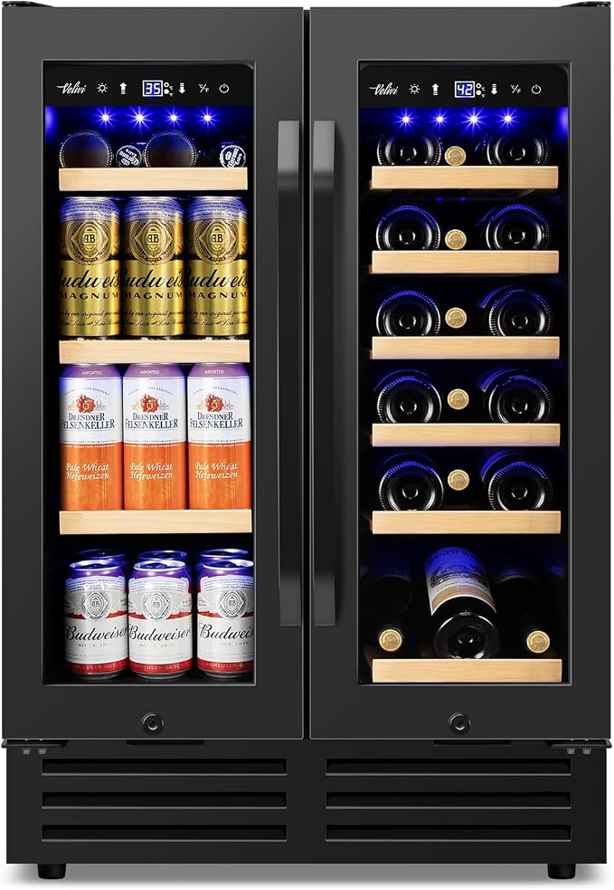 Velivi 24" Black Dual Zone Wine & Beverage Refrigerator | Under Counter Built-In or Freestanding | 18 Bottles & 68 Cans | Glass Door with Lock Large Capacity for Beer Wine Soda Drinks