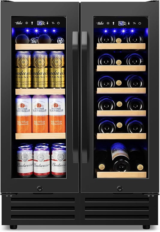 Velivi 24" Black Dual Zone Wine & Beverage Refrigerator | Under Counter Built-In or Freestanding | 18 Bottles & 68 Cans | Glass Door with Lock Large Capacity for Beer Wine Soda Drinks
