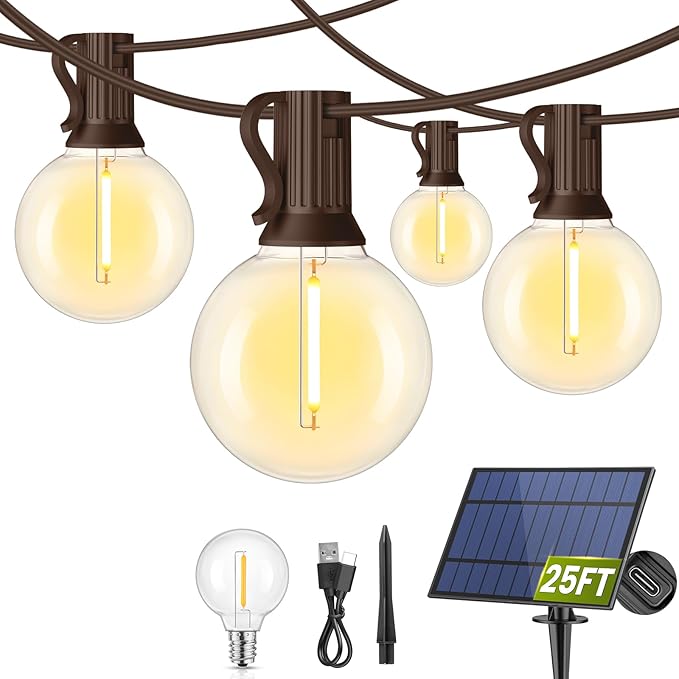 Mlambert 25FT Solar Powered String Lights Outdoor, Waterproof Solar Patio Light String with 10+1 Shatterproof LED G40 Bulbs for Backyard Garden-Brown