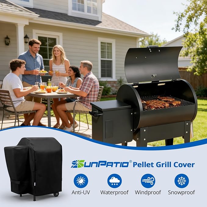 SunPatio Outdoor Heavy Duty Waterproof Grill Cover, Compatible for Traeger 20 Series Wood Pellet, Tailgater and Recteq 340 Grills, Full Length Barbecue Cover, All Weather Protection, Black