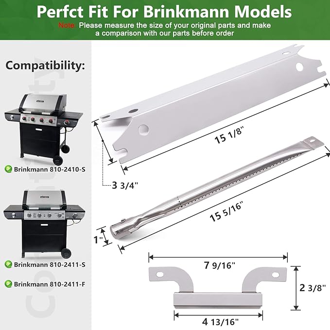 Criditpid Grill Replacement Parts for Brinkmann 810-2410-S 810-2411-S, Cast Iron Cooking Grate, Stainless Steel Burner Tubes, Heat Plate Shields & Crossover Tubes for Brinkmann 4 Burner Gas Grill.