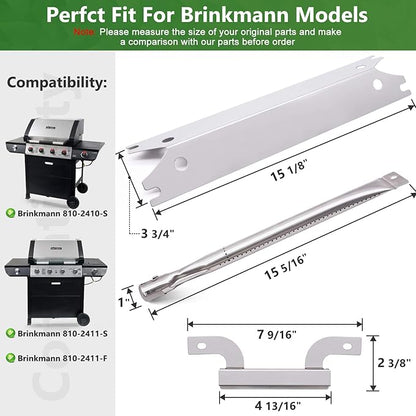 Criditpid Grill Replacement Parts for Brinkmann 810-2410-S 810-2411-S, Cast Iron Cooking Grate, Stainless Steel Burner Tubes, Heat Plate Shields & Crossover Tubes for Brinkmann 4 Burner Gas Grill.