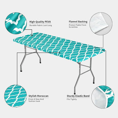 OutdoorLines Vinyl Fitted Picnic Table Cover with Bench Covers | Elastic Waterproof Camping Tablecloth for Picnic Table (Moroccon Teal 96x30 Inch, 3 Pcs)