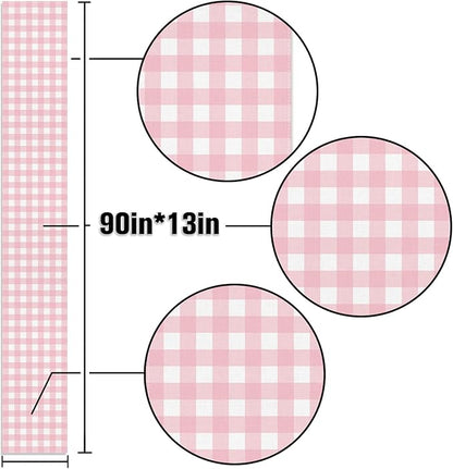 Pink Gingham Party Supplies Light Pink and White Checkered Table Runner Easter Baby Shower BBQ Picnic Home Kitchen Island Decor (Pink, 13" x 90")