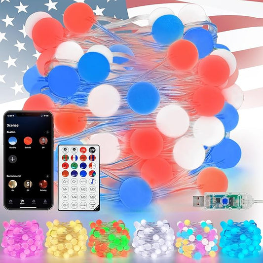 Red White and Blue Smart Color Changing String Lights for Bedroom, 33FT 66LED App Control LED Globe Patriotic Fairy Lights with Remote, 4th of July Decorations Indoor Outdoor for Girl's Room Party