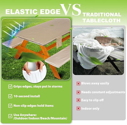Wrakus Picnic Table Cover with Bench Covers Vinyl Elastic Edges Fitted Rectangle Seat Tables Waterproof 3-Piece96X30in Set Outdoor Rectangular Folding Backing Tablecloth for Camping Over Size