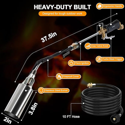 Propane Torch Kit Weed Burner 1,800,000 BTU, Built-in Igniter, 10FT Hose | Heavy Duty Flame Thrower Gun with 30" High Flame, Detachable Long Reach Torch for Weeds, Ice, Snow, Asphalt