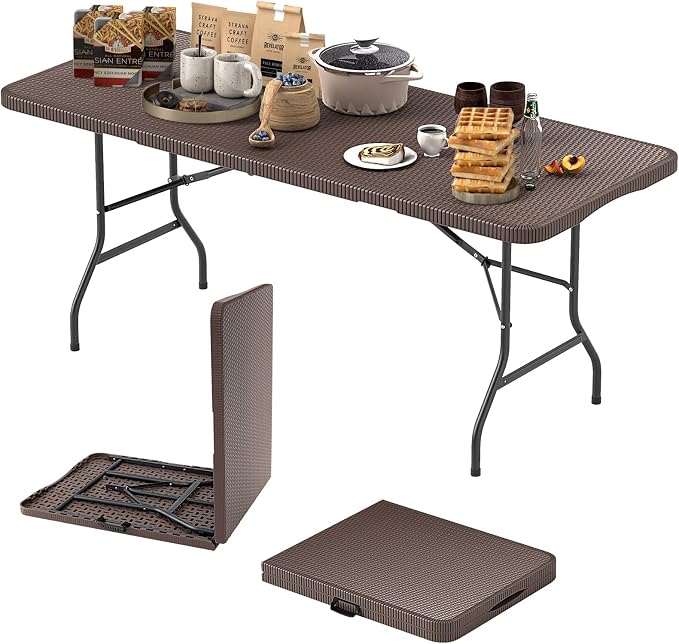 Goplus 6ft Plastic Folding Table, 350 LBS Outdoor Heavy Duty Folding Tables with Rattan-Like HDPE Tabletop, Handle, Lock, Foldable Rectangle Portable Utility Card Table for Picnic, Camping, Dining