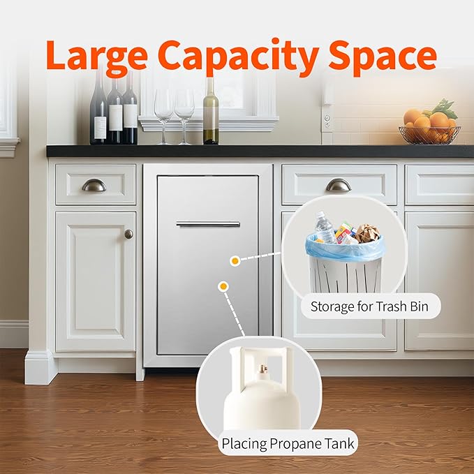 Pull Out Trash Can Drawer Outdoor Kitchen Trash Cabinet Stainless Steel Flush Mount for Outdoor Kitchens & BBQ Islands 14" W x 25.7" H x 19.4" D