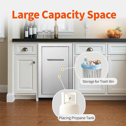 Pull Out Trash Can Drawer Outdoor Kitchen Trash Cabinet Stainless Steel Flush Mount for Outdoor Kitchens & BBQ Islands 14" W x 25.7" H x 19.4" D