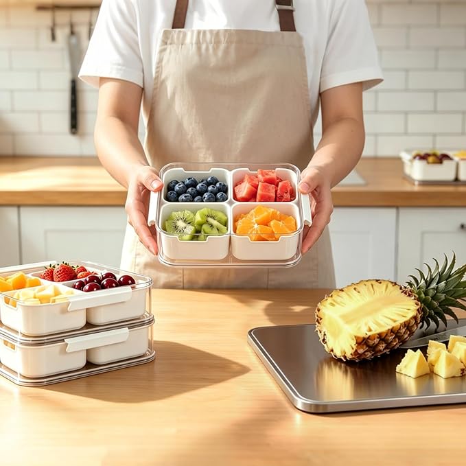 2-Tier Stackable Snackle Box Container, Divided Serving Tray with Lid and Handle, BPA-Free Plastic Food Organizer for Fruit, Veggies, Spices, Portable for Picnic, Party, Kitchen Countertop