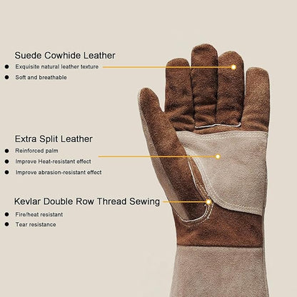 Leather Welding Gloves for Men – Long Fireproof & Heat Resistant Work Gloves for Welding, BBQ, Fireplace, Oven, Baking, Stove, Pot Handling, Yard Work, Thorn Proof (Brown, XXL)