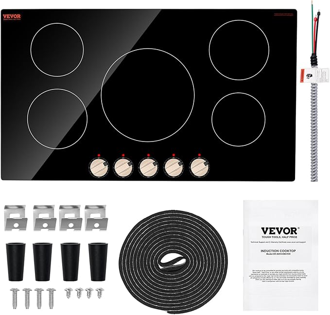 VEVOR SK-92IHA36CK04 9200W Electric Countertop Burner Knob Control Stove, Built-in Induction Cooktop with 12 Temperature Settings, Glass Surface, Auto Shut-Off, 36in 5 Burners/220V, Black