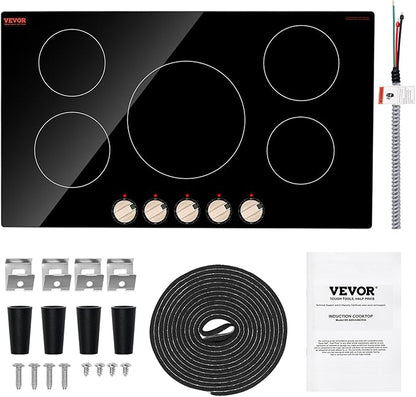 VEVOR SK-92IHA36CK04 9200W Electric Countertop Burner Knob Control Stove, Built-in Induction Cooktop with 12 Temperature Settings, Glass Surface, Auto Shut-Off, 36in 5 Burners/220V, Black