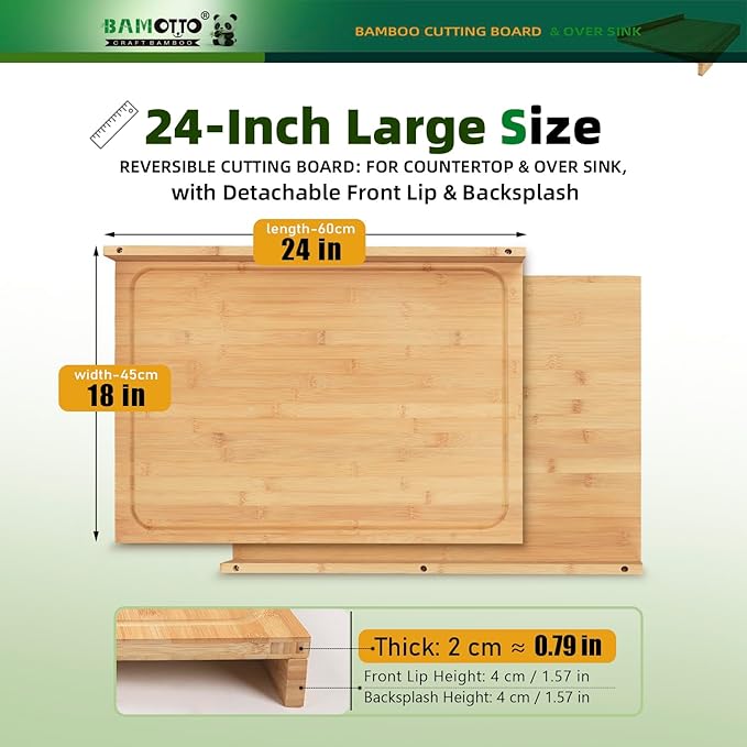 BAMOTTO CRAFTBAMBOO 24x18 Inch Extra Large Bamboo Cutting Board with Detachable Front Lip & Backsplash - Reversible Over The Sink Board, Pasta Maker, Pastry & Carving Board for Home Kitchen