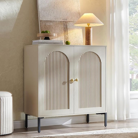IFBUY Modern Sideboard Buffet Cabinet, 34" Tall Fluted Arched Buffet Cabinet with Storage and Adjustable Shelves, Wooden Modular Coffee Bar Cabinets for Kitchen, Entryway, Cream
