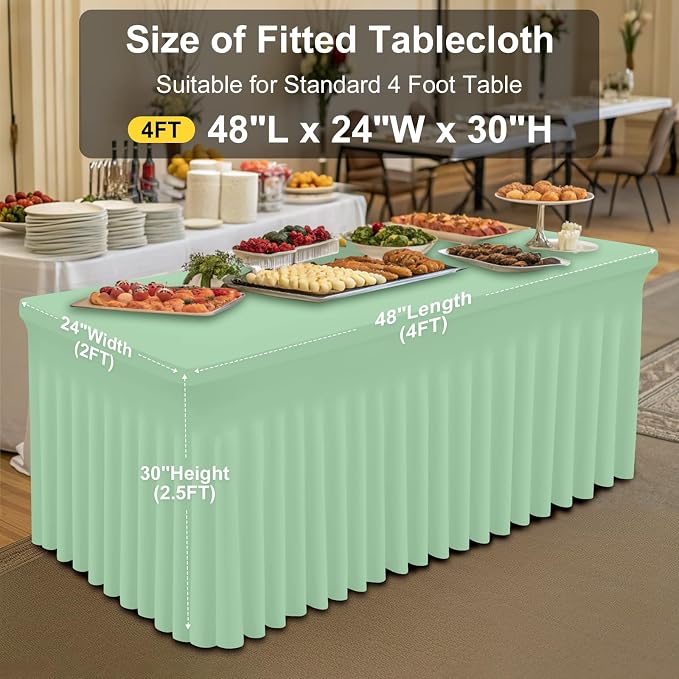 Smiry Spandex Elastic Fitted Table Cloth Skirt for 4FT Rectangle Table | Stretch Washable Table Cloth, Banquet Table Cover for Wedding, Party, Indoor & Trade Shows, (Light Green, 48Lx24Wx30H)