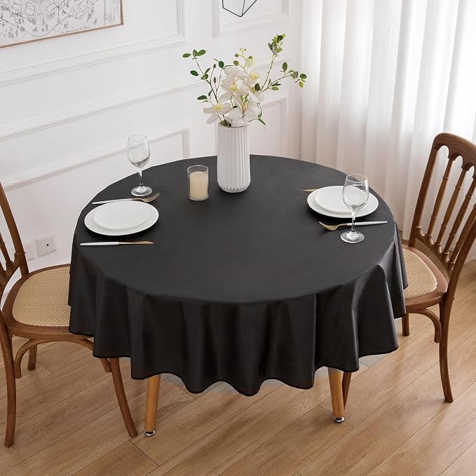 NLMUVW 60 Inch Round Vinyl Tablecloth with Flannel Backing, Black Small PVC Table Cloth 100% Waterproof Wipe Clean Table Cover for Dining Party Camping Outdoor