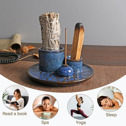 4-in-1 Ceramic Incense Burner Holder for Sticks/Palo Santo/Sage/Candle | 5.12" Ceramic Ash Catcher Tray with Holder, Designed for Meditation, Yoga Room & Home Decor Spaces
