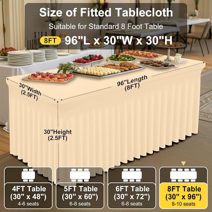 Smiry Spandex Elastic Fitted Table Cloth Skirt for 8FT Rectangle Table | Stretch Washable Table Cloth, Banquet Table Cover for Wedding, Party, Indoor & Trade Shows, (Ivory, 96Lx30Wx30H)