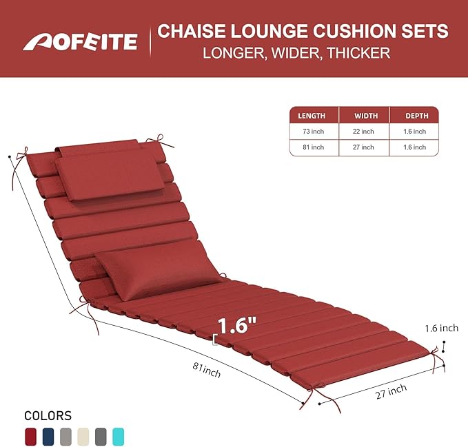 2PCS Outdoor Water-Resistant Olefin Chaise Lounge Cushions with Pillow, Weather and Fade Resistant Foldable Quilted Patio Reclining Lounger Chair Cushions with Straps, Red, 81" L x 27" W